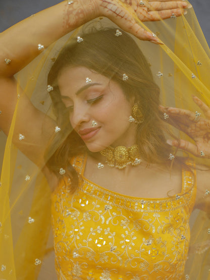Newest yellow bridal lehenga with chinon dupatta, ready-to-wear.