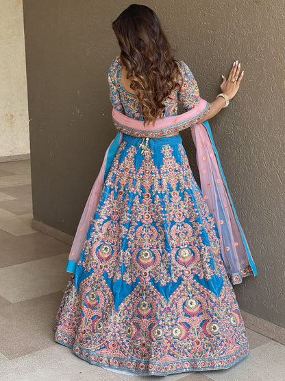 Blue sequins embroidery bridal lehenga, Indian style, USA.