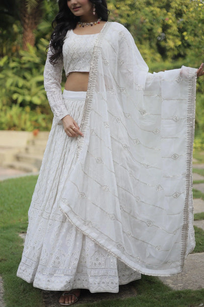 White georgette bridal lehenga with dupatta in California.