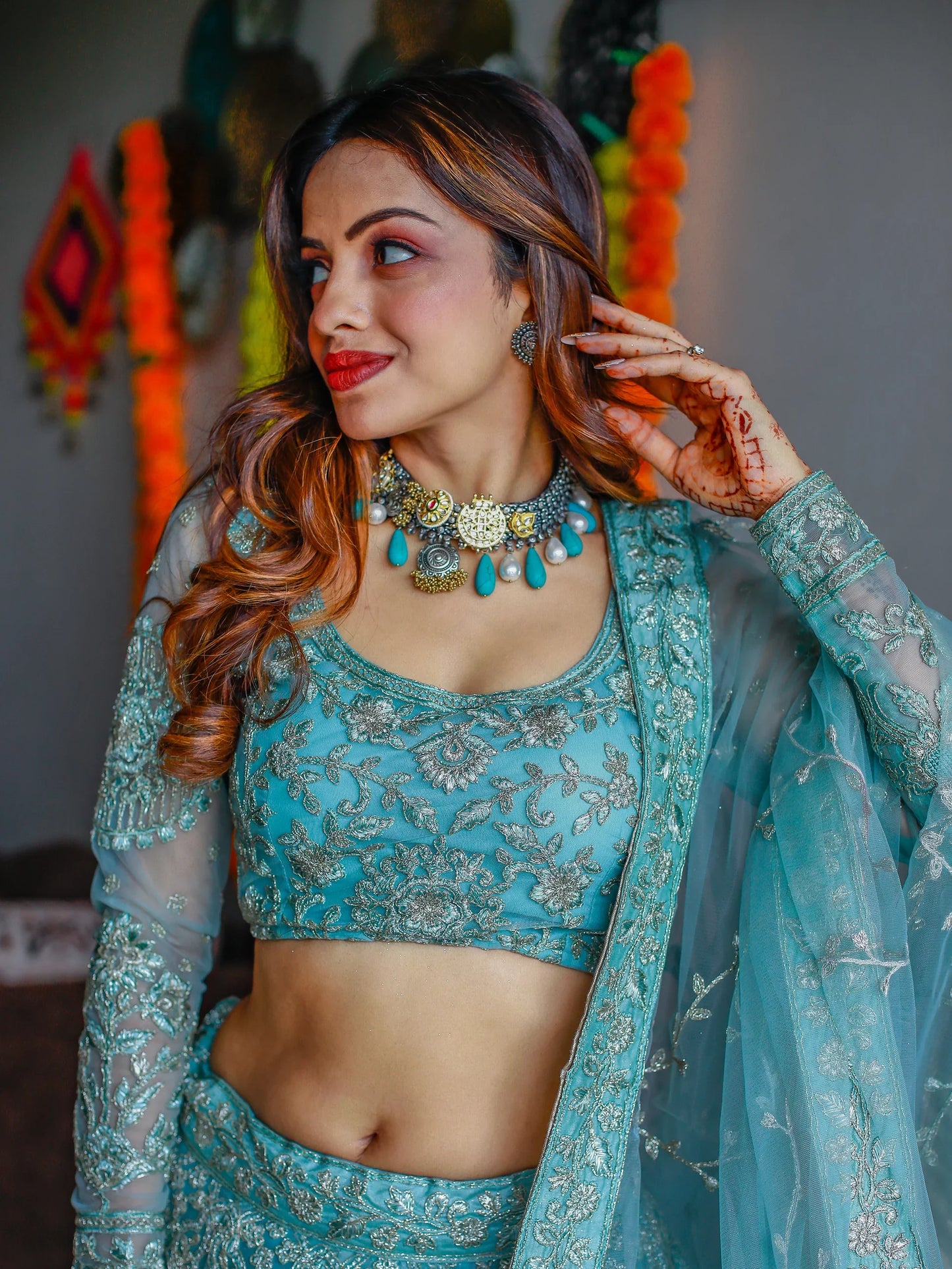 Sky blue ready-to-wear thread embroidery lehenga for wedding festival.