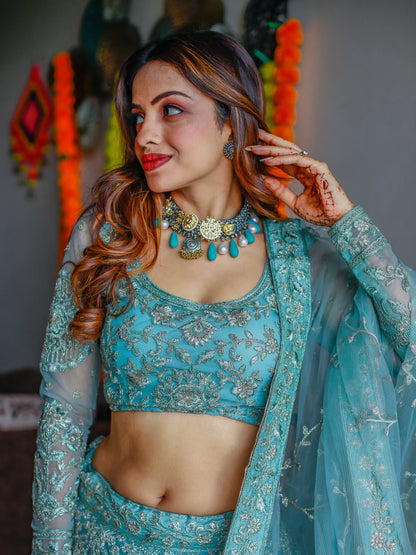 Sky blue ready-to-wear thread embroidery lehenga for wedding festival.