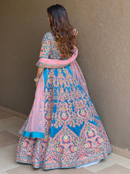 Blue sequins embroidery bridal lehenga, Indian style, USA.