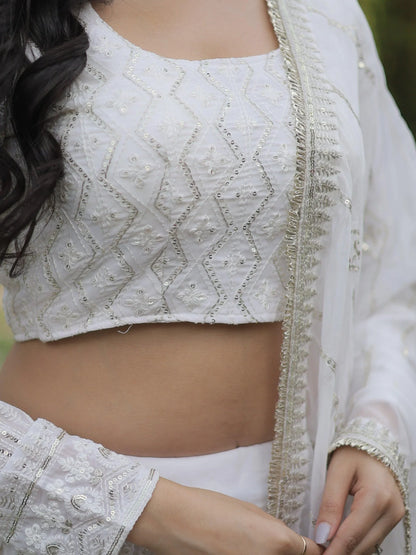 White georgette bridal lehenga with dupatta in California.