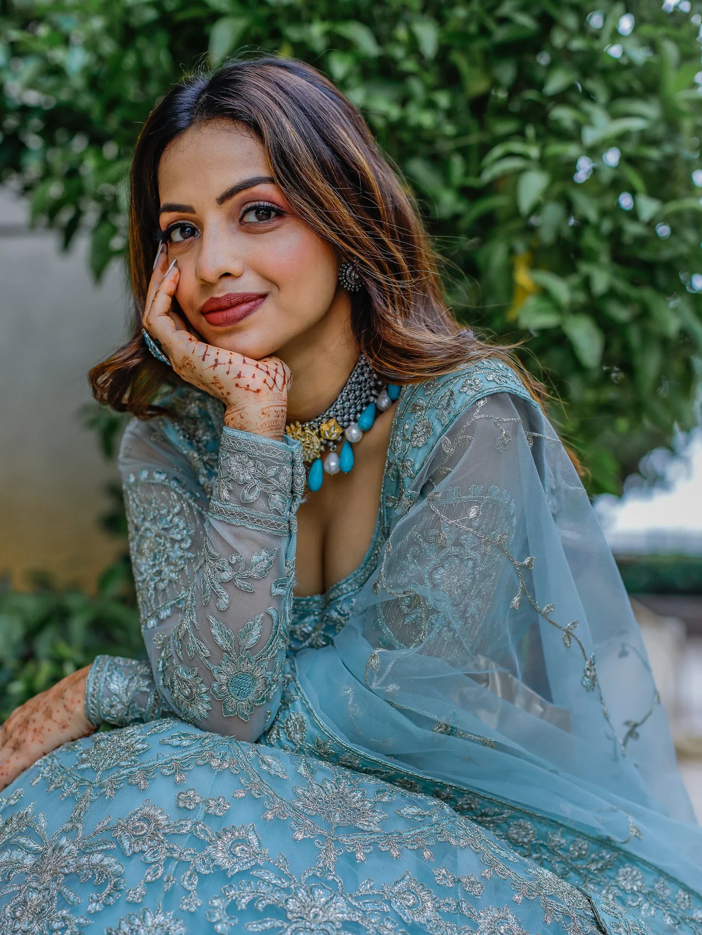 Sky blue ready-to-wear thread embroidery lehenga for wedding festival.
