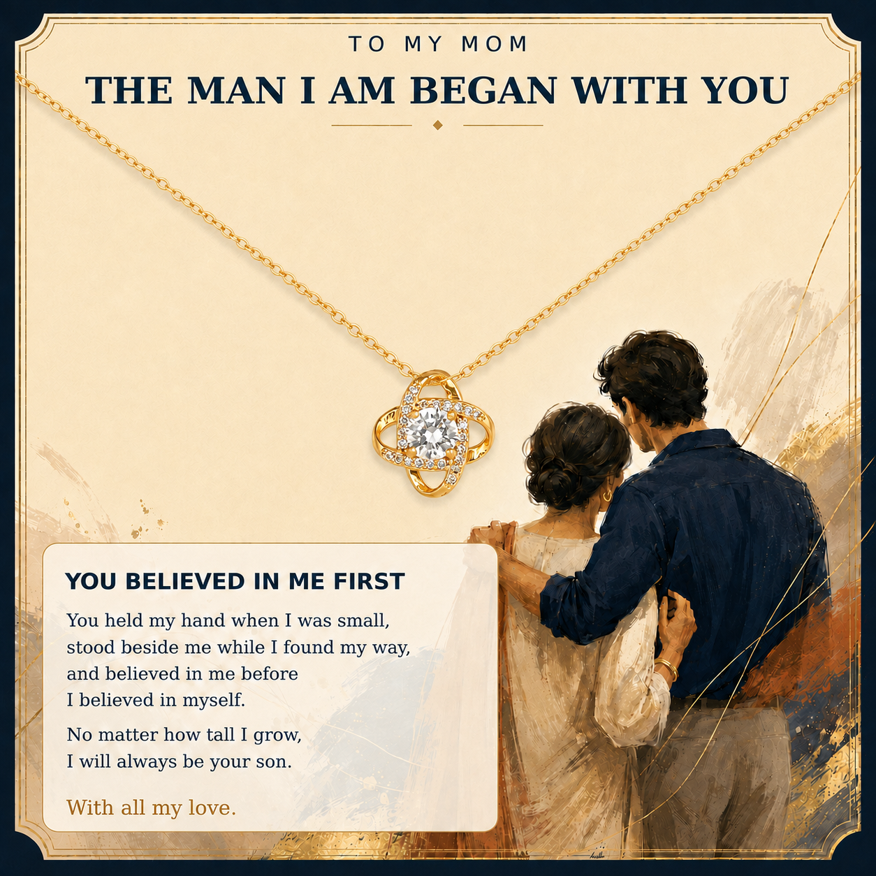 A gold-toned pendant necklace with a clear gemstone is displayed on a cream-colored card with sentimental text and an illustration of a man and woman from behind. The card reads 'TO MY MOM THE MAN I AM BEGAN WITH YOU' and includes a poem addressed to the man he was beginning with the woman.