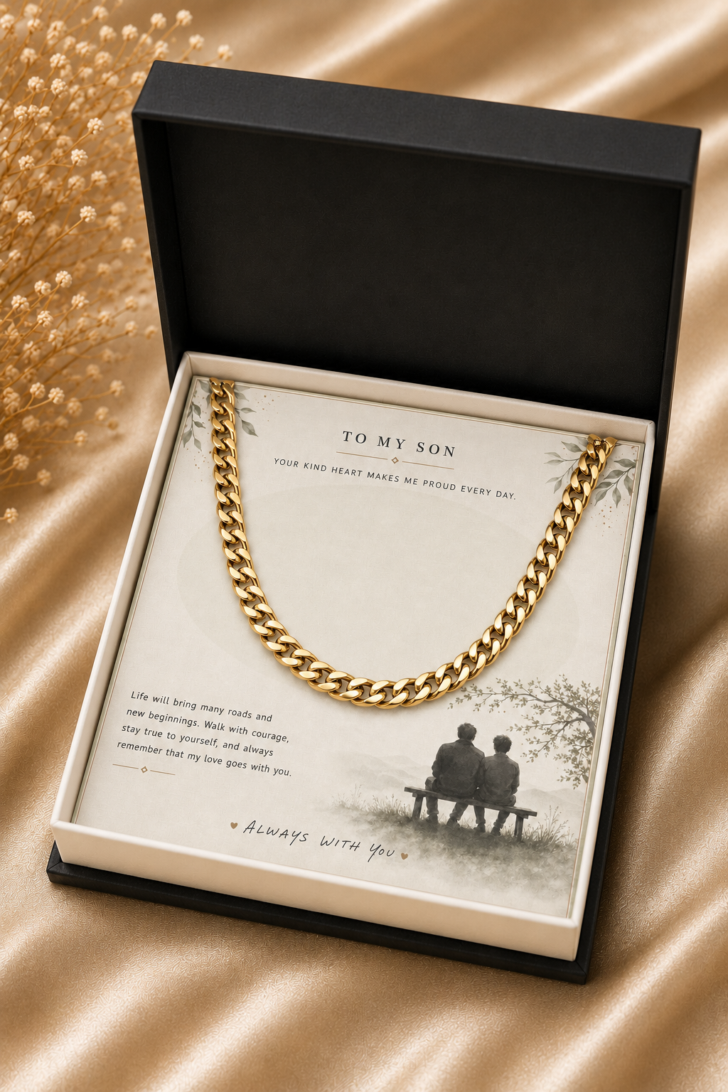 A gold chain necklace presented in an open black gift box with a printed message card addressed 'TO MY SON,' placed on a satin-like beige fabric background.
