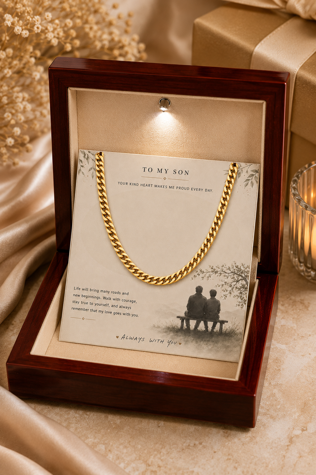 A gold chain necklace displayed inside an open dark wood gift box with a cream insert card addressed 'TO MY SON.' The necklace is draped over the card, and the box sits on a satin fabric surface with a candle and wrapped gift in the background.