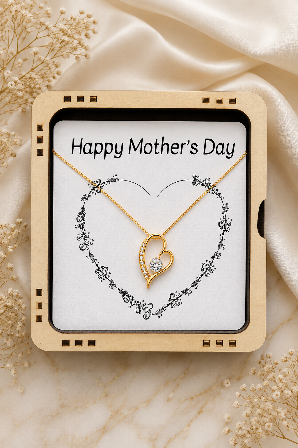 A gold heart-shaped pendant necklace displayed on a white card inside a beige square gift box, with the text 'Happy Mother's Day' printed at the top. The box is styled on a cream satin fabric with dried floral decorations.