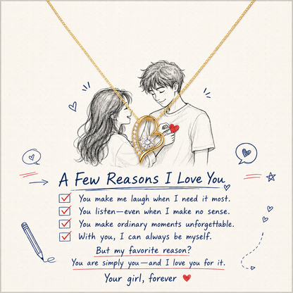 A gold heart necklace with a transparent glass heart pendant containing red liquid, shown on a gold chain with a hand-drawn illustration of a couple and a romantic poem on a cream background.