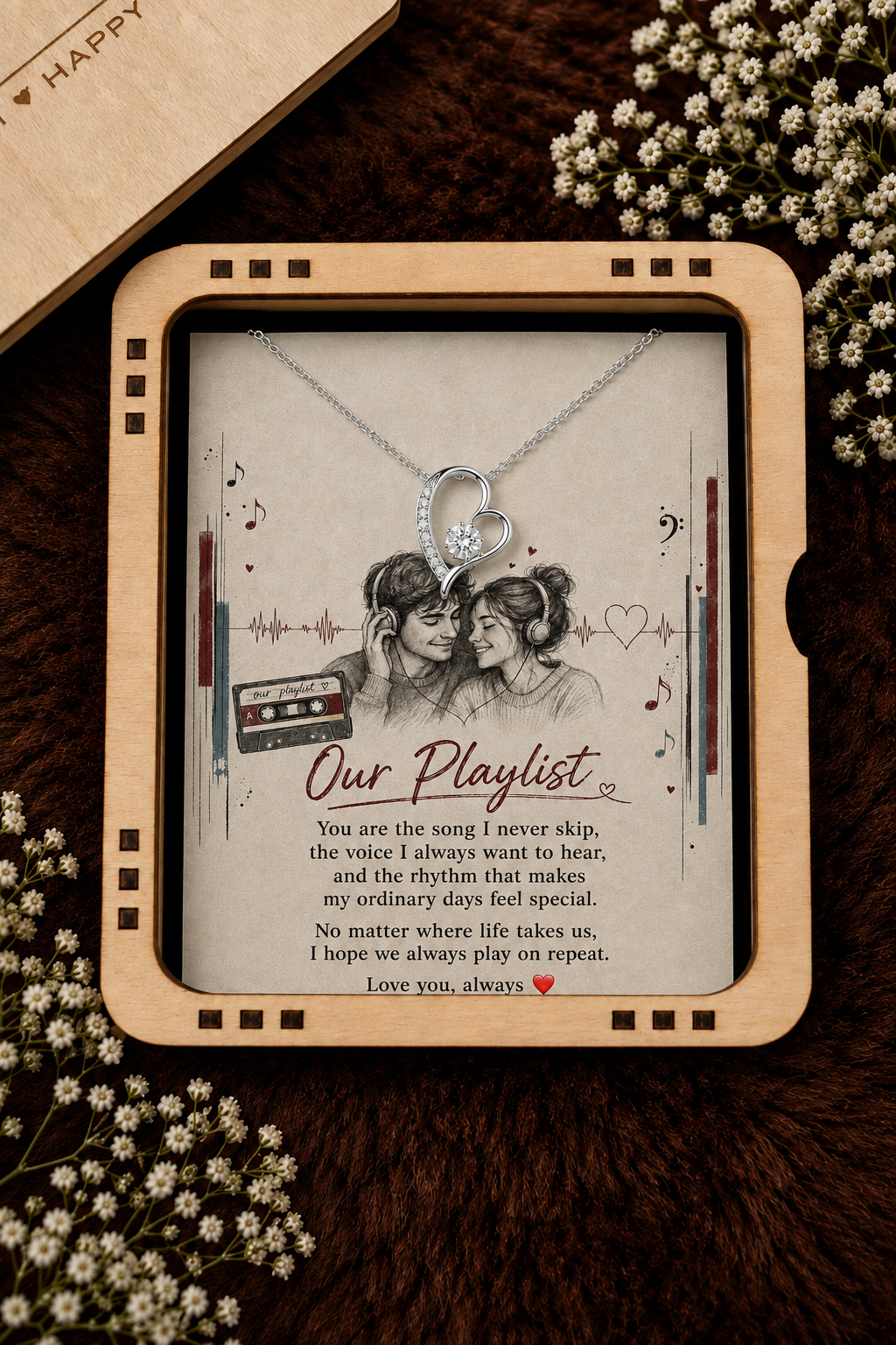 A heart-shaped silver pendant necklace displayed inside a square wooden gift box with a sentimental 'Our Playlist' message, surrounded by small white flowers on a dark brown textured surface.