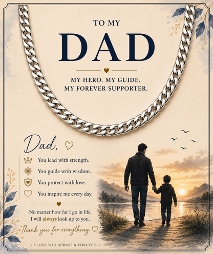 A memorial-style greeting card design for a father, featuring a large silver chain across the top, a warm beige background, and a printed photo of a man and child holding hands by a lake at sunset. Text reads 'TO MY DAD' and includes a heartfelt message and poem.
