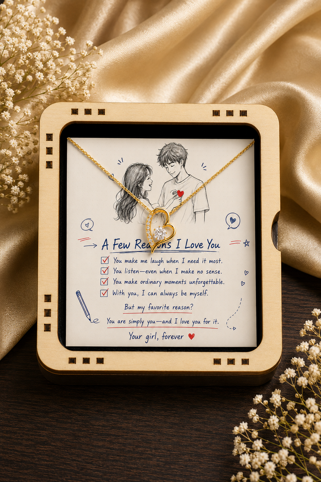A square gift box with a light wood frame and a printed message card inside, holding a gold necklace with a heart-shaped pendant. The box is styled on a dark wooden surface with gold satin fabric and small white flowers around it.