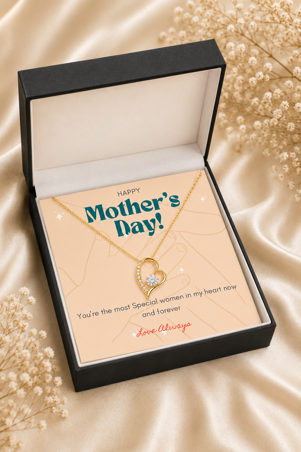 An open black jewelry gift box on a satin fabric background with dried flowers. Inside, a gold heart-shaped pendant necklace is displayed on a peach card that reads 'Happy Mother's Day!' with a message for the mother.