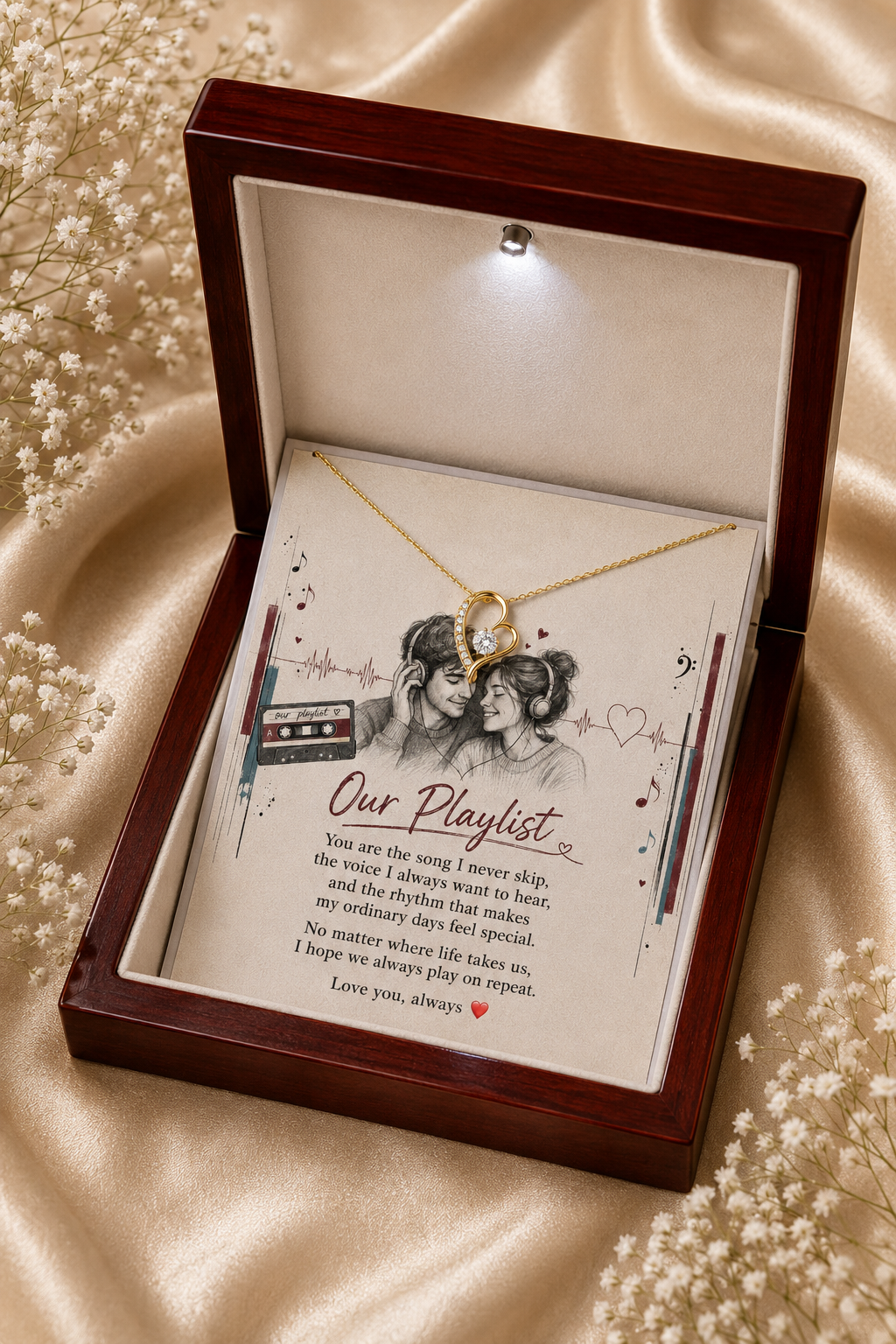 An open dark wood keepsake box on beige satin fabric, displaying a gold heart necklace over a printed card that reads 'Our Playlist' with a black-and-white illustration of two girls.
