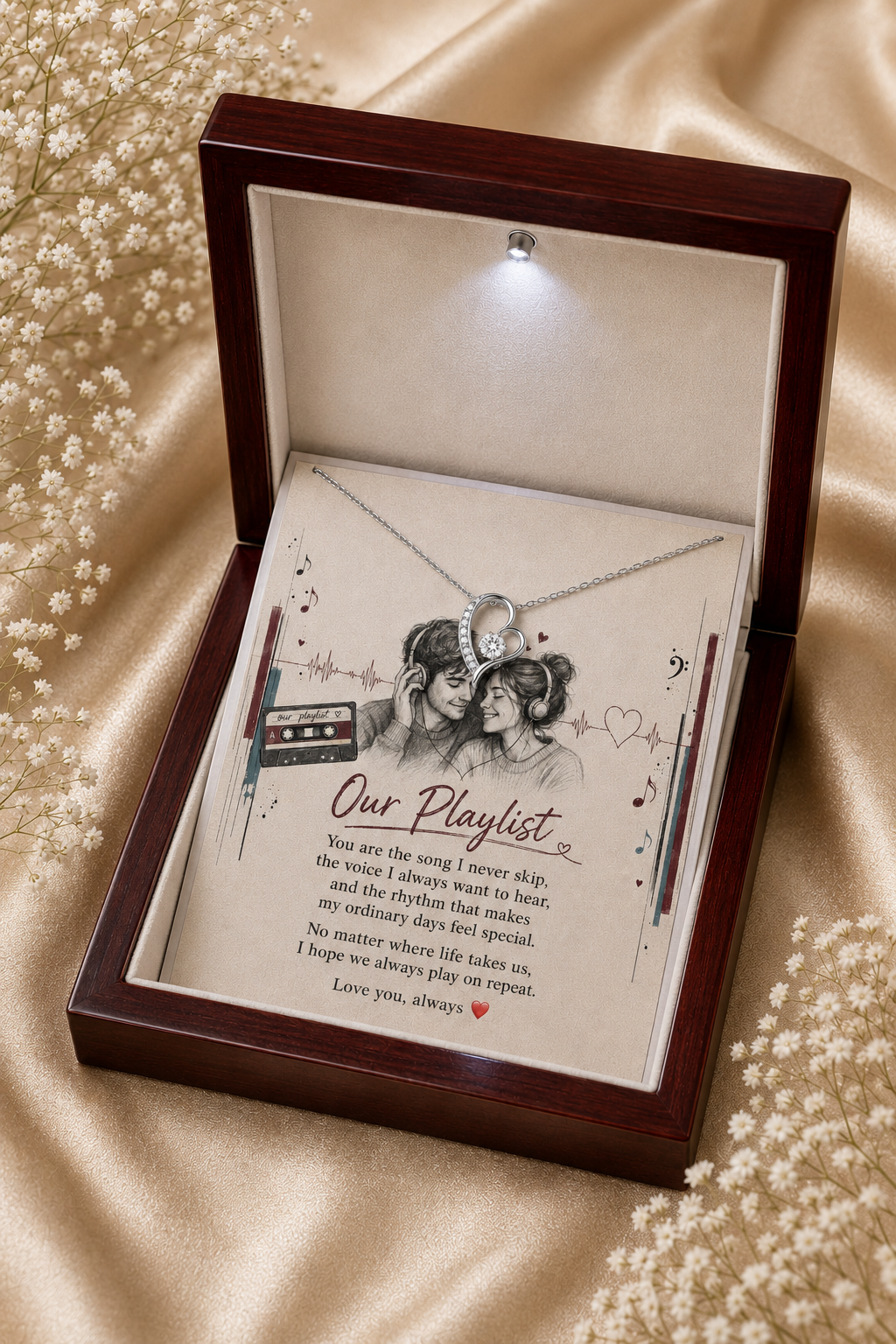 An open dark wood keepsake gift box with a built-in light, displaying a silver heart-shaped pendant necklace on a printed card that reads 'Our Playlist' with a poem. The box is set on a beige satin fabric background decorated with small white flowers.