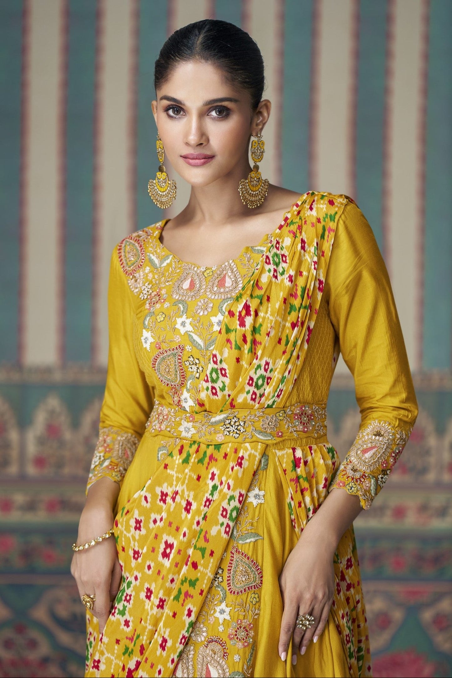 Yellow Anarkali Gown in Chinon Silk with Embroidery Work, Bringing a Bright and Graceful Charm to Festive Celebrations.