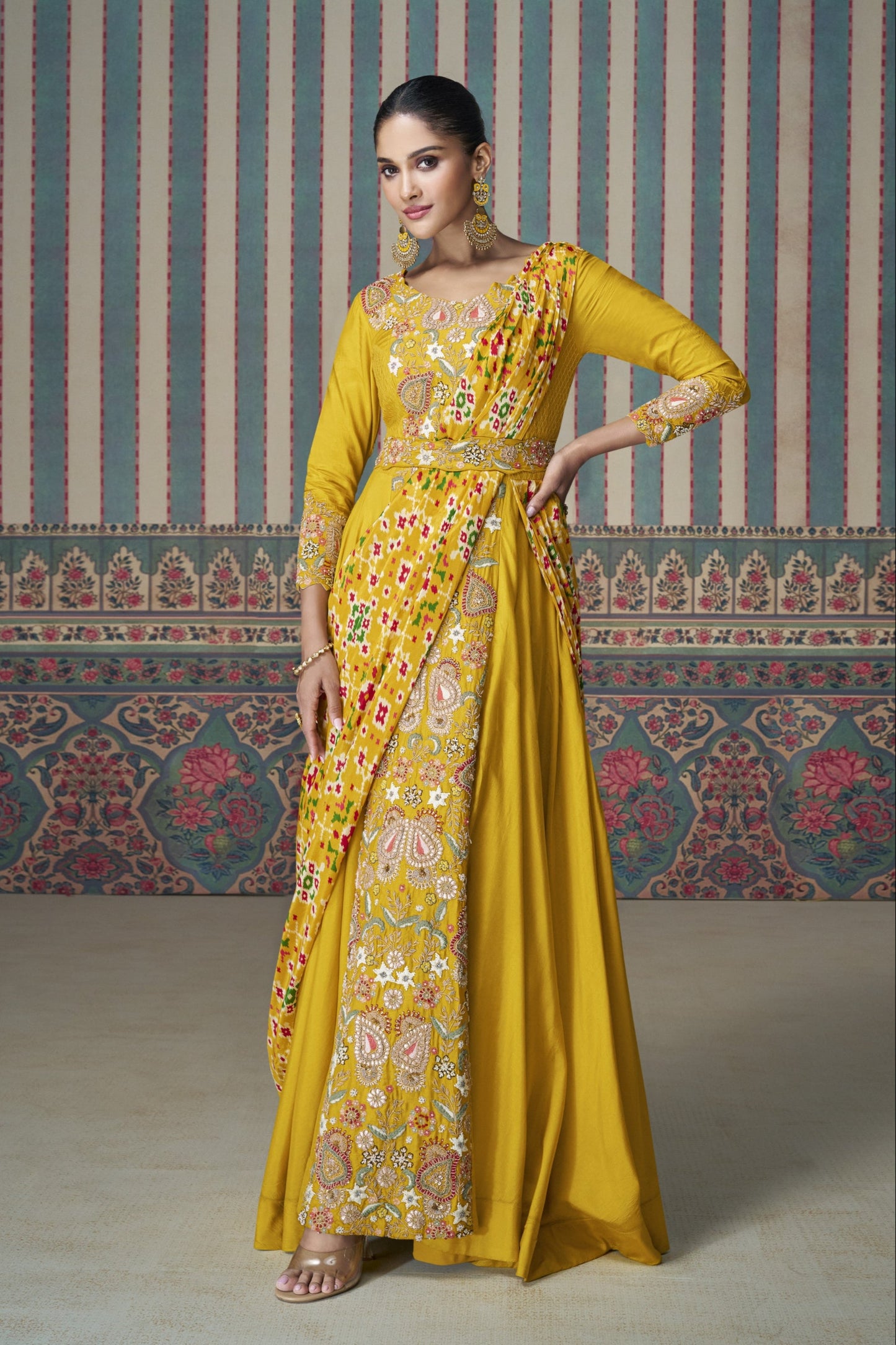 Yellow Anarkali Gown in Chinon Silk with Embroidery work, Bringing a Bright and Graceful Charm to Festive Celebrations.
