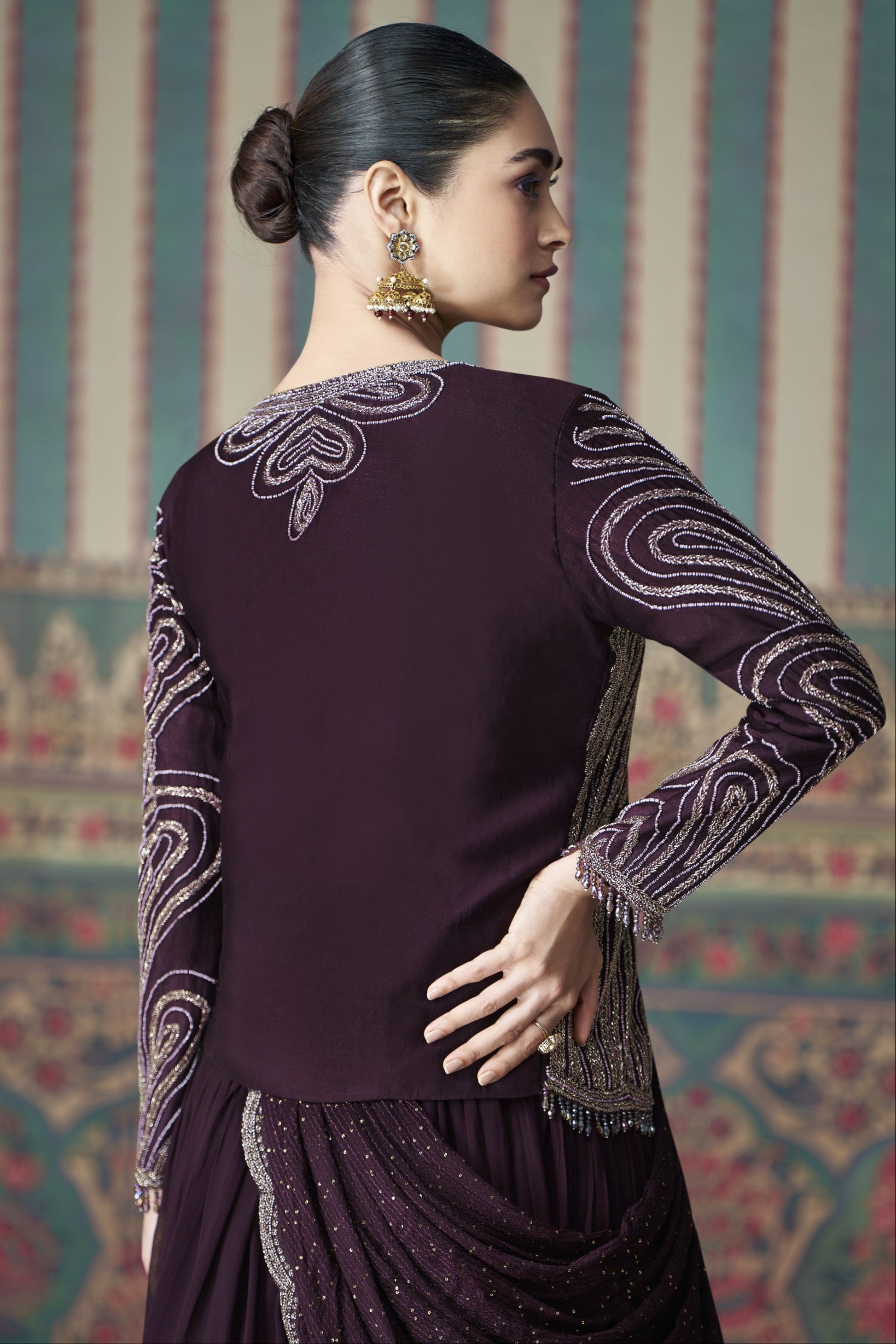 Wine Anarkali Gown in Chinon Silk with Embroider Work, Exuding Rich elegance Perfect for Weddings and Festive Occasions.
