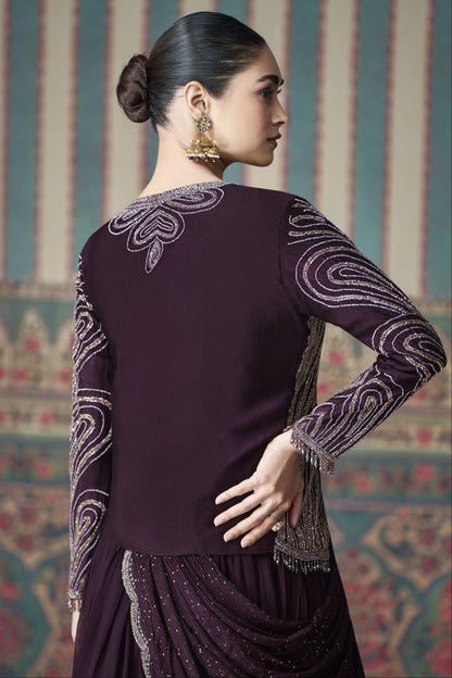 Wine Anarkali Gown in Chinon Silk with Embroider Work, Exuding Rich elegance Perfect for Weddings and Festive Occasions.
