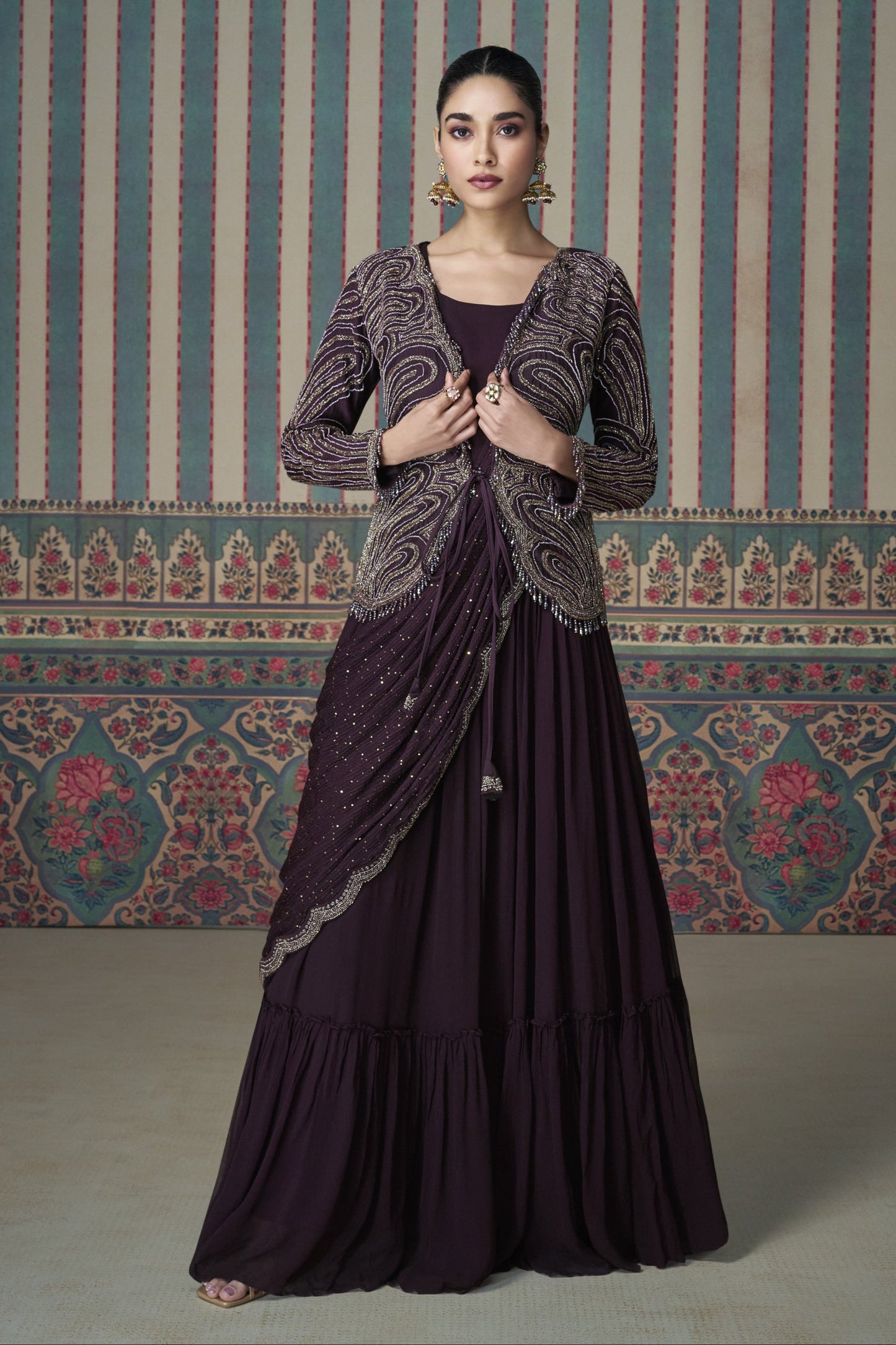 Wine Anarkali Gown in Chinon Silk with Embroidery Work,Eexuding Rich Elegance Perfect for Weddings and Festive Occasions.
