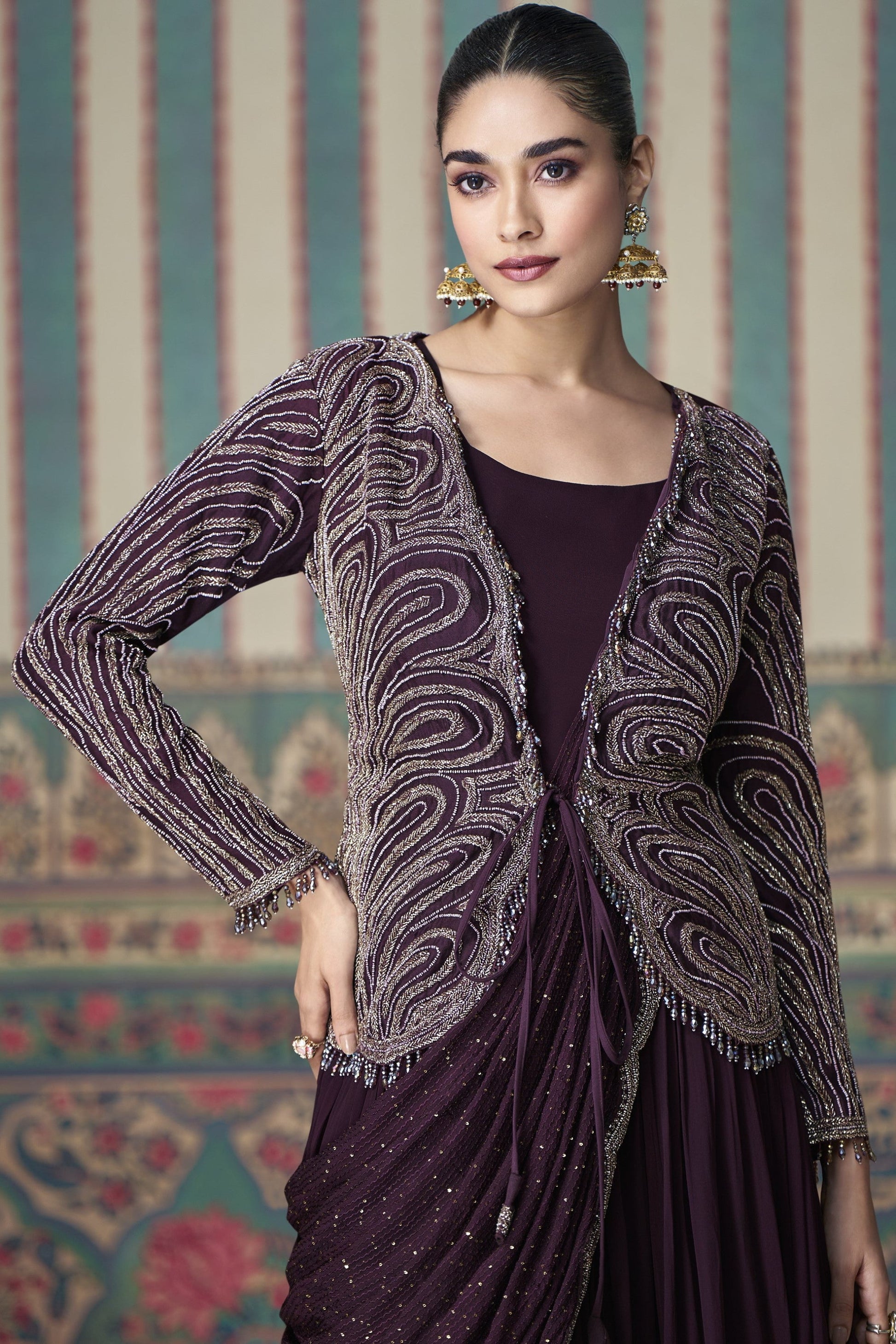 Wine Anarkali Gown in Chinon Silk With Embroidery Work, Exuding Rich Elegance Perfect for Weddings and Festive Occasions.
