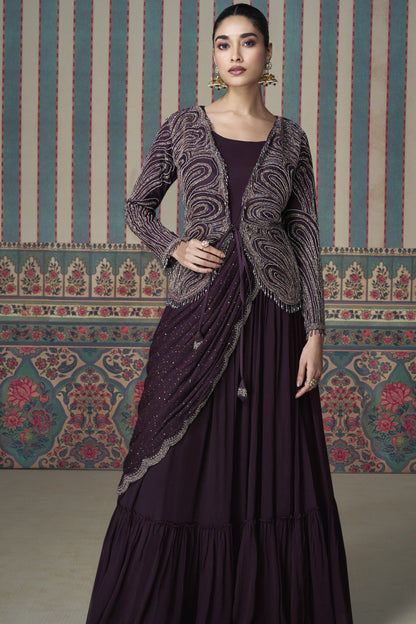 Wine Anarkali Gown in Chinon Silk With Embroidery Work, Exuding Rich Elegance Perfect for Weddings and Festive Occasions.
