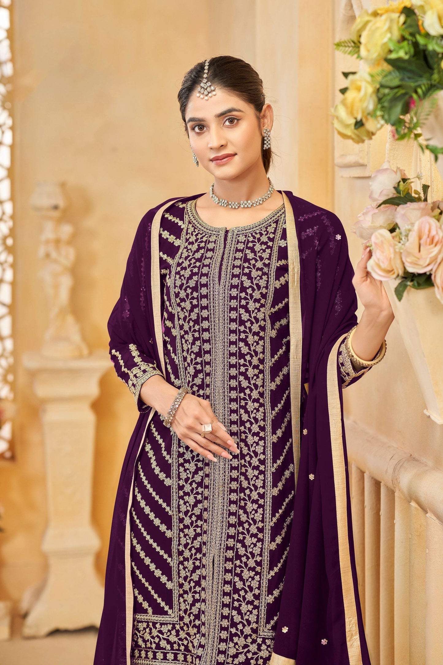 Kurti with sharara detailed embroidery close up 
