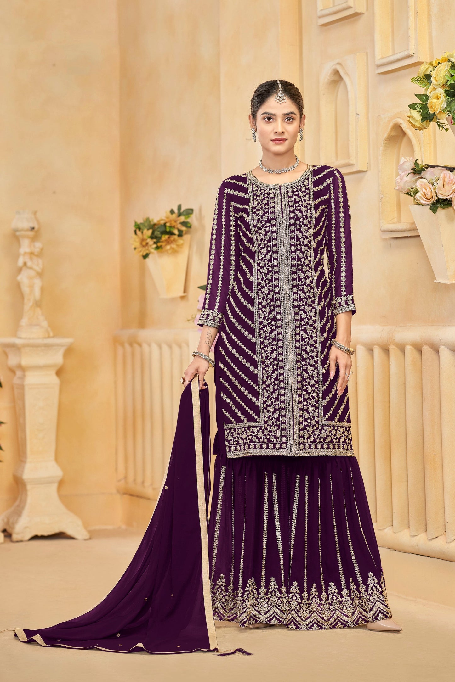 Wine kurti with sharara heavy embroidery front view 