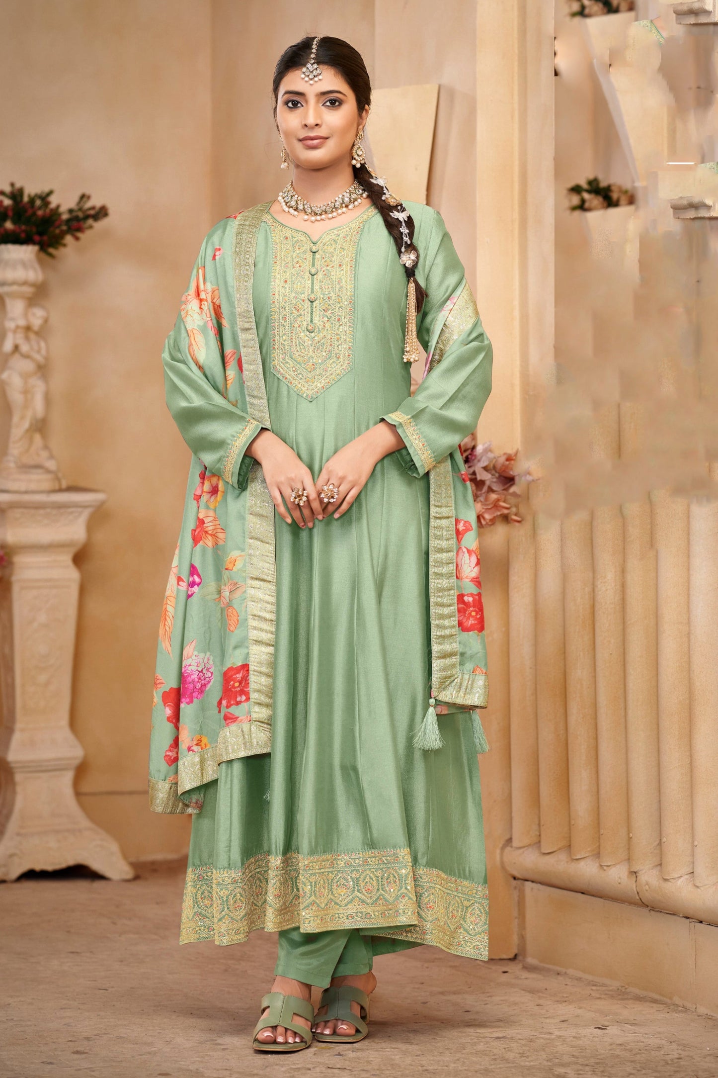 Green Anarkali Gown Silk Suits With Dupatta For USA Weddings