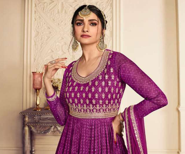 New Indian Designer Purple Anarkali Gown with Heavy Dupatta Suit