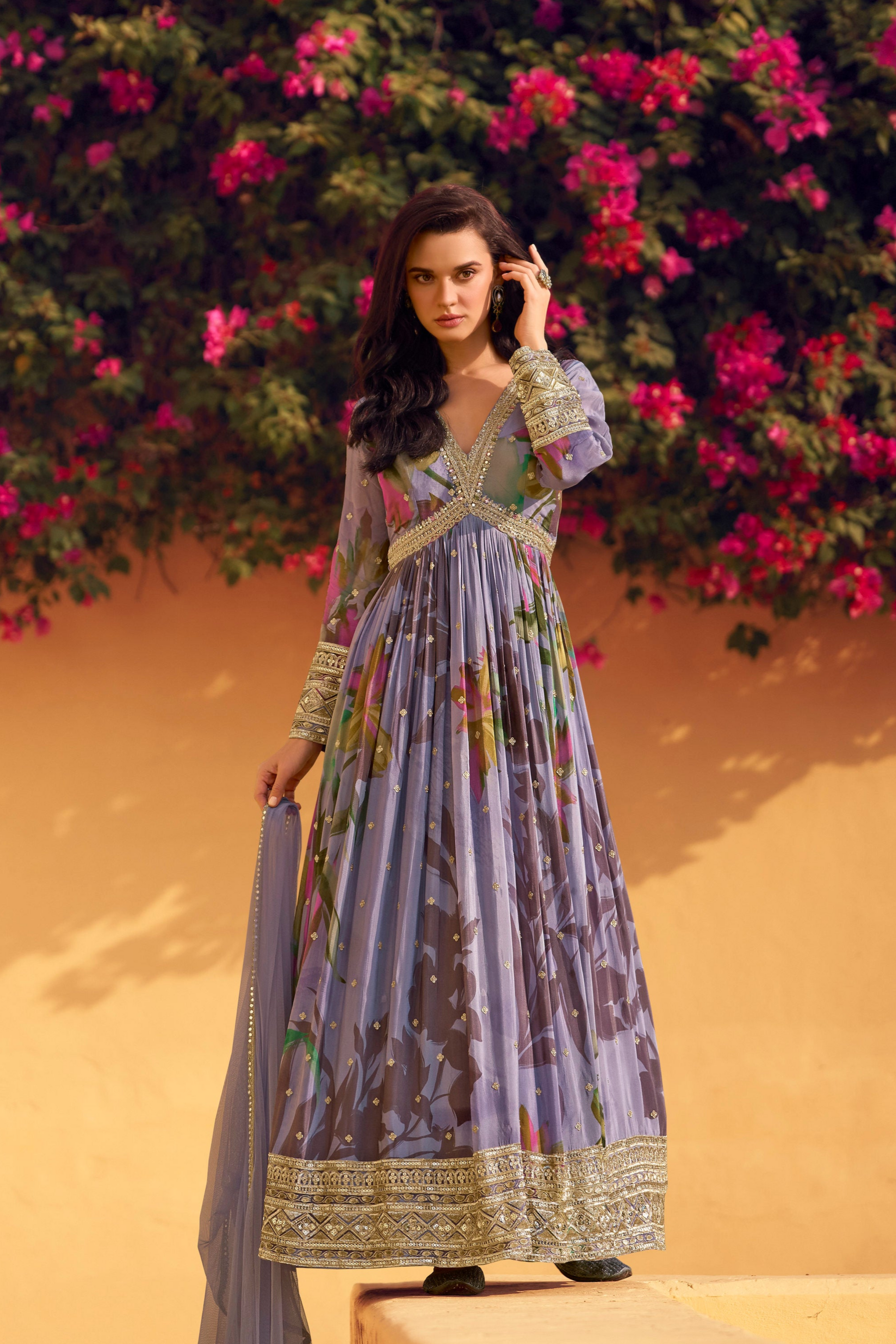 Latest Anarkali Gown With Chinon Silk Dupatta for Festivals Wear Suit