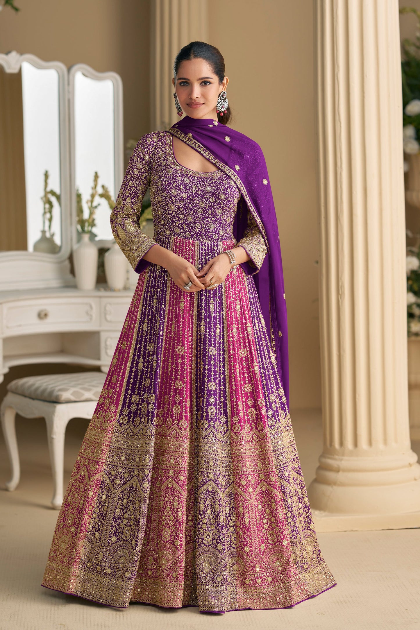Purple Anarkali Gown For Reception Party Wear Dupatta Suit