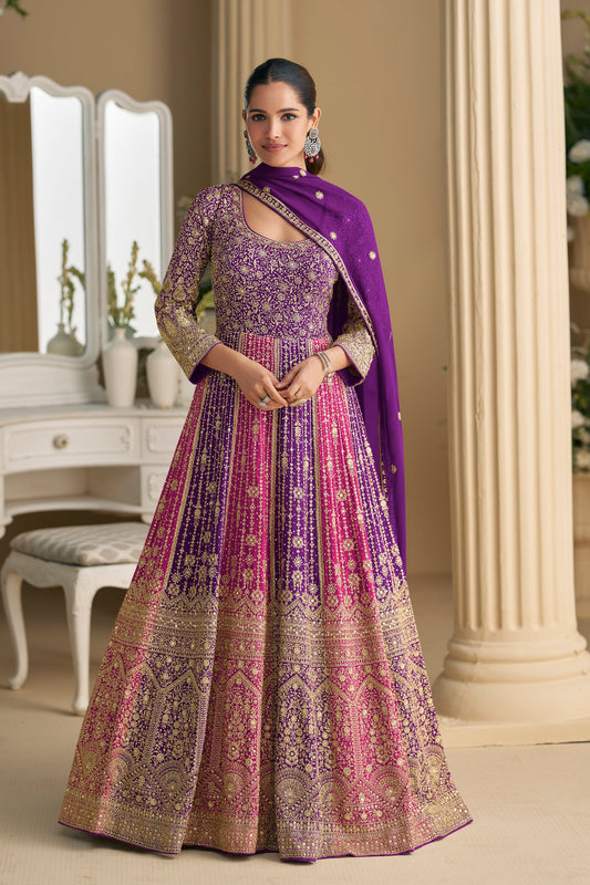 Purple Anarkali Gown For Reception Party Wear Dupatta Suit