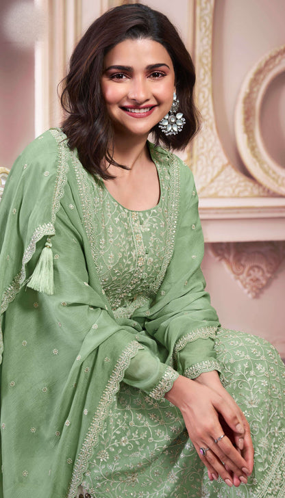 Embroidered Chinon salwar kameez in pistachio green