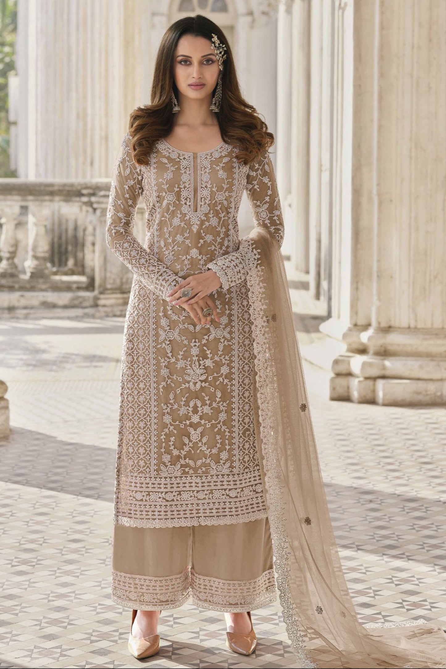 Bollywood Designer Beige Embroidered Festival Outfit 
