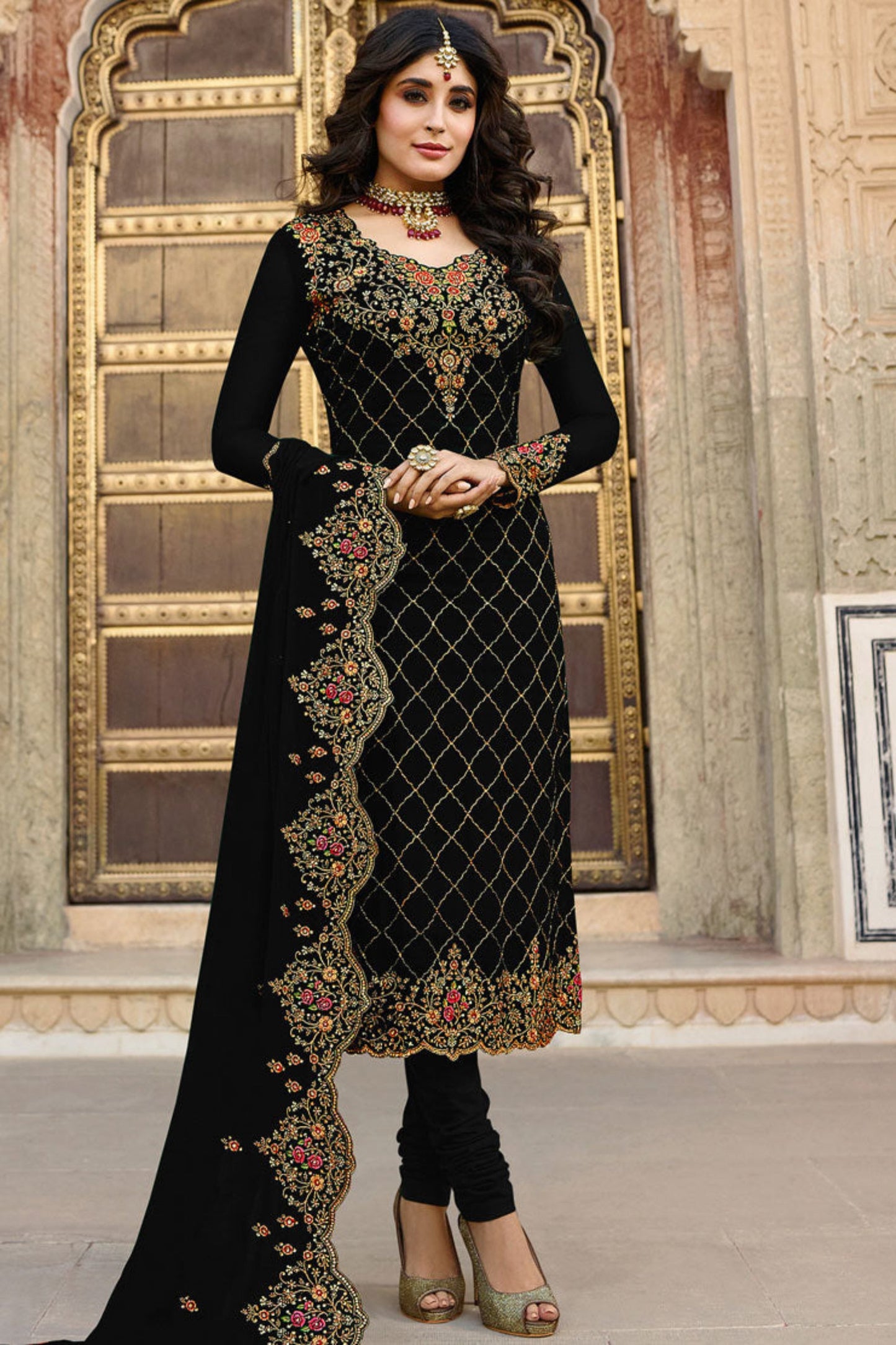 black designer suit designer salwar kameez full front view