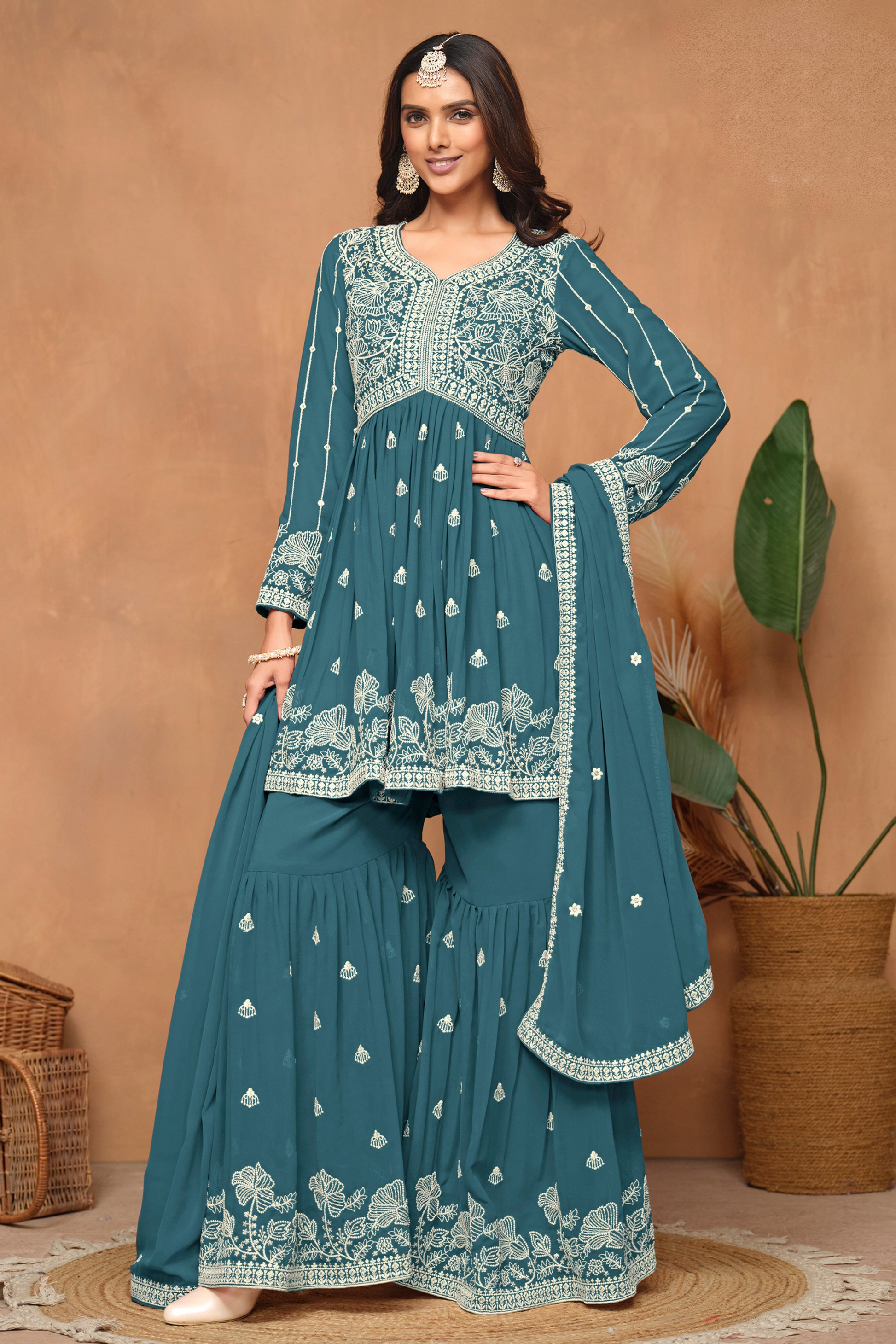 blue sharara suit with embroidery front view