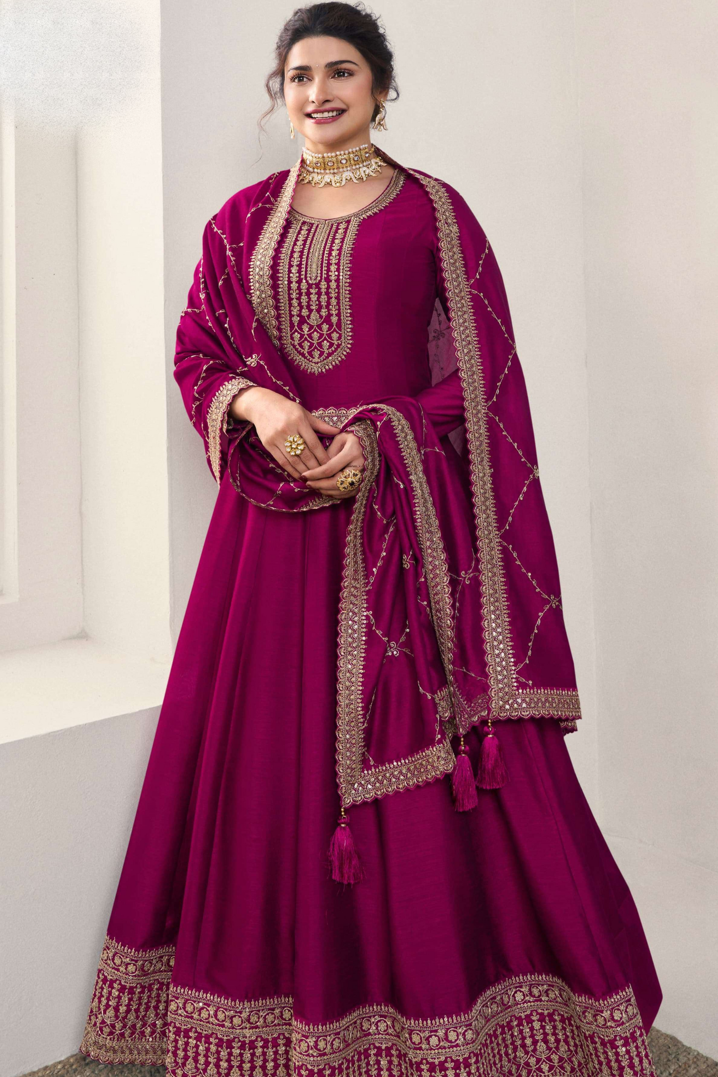 Long Embroidered Silk Georgette Wine Anarkali Gown With Dupatta For Her