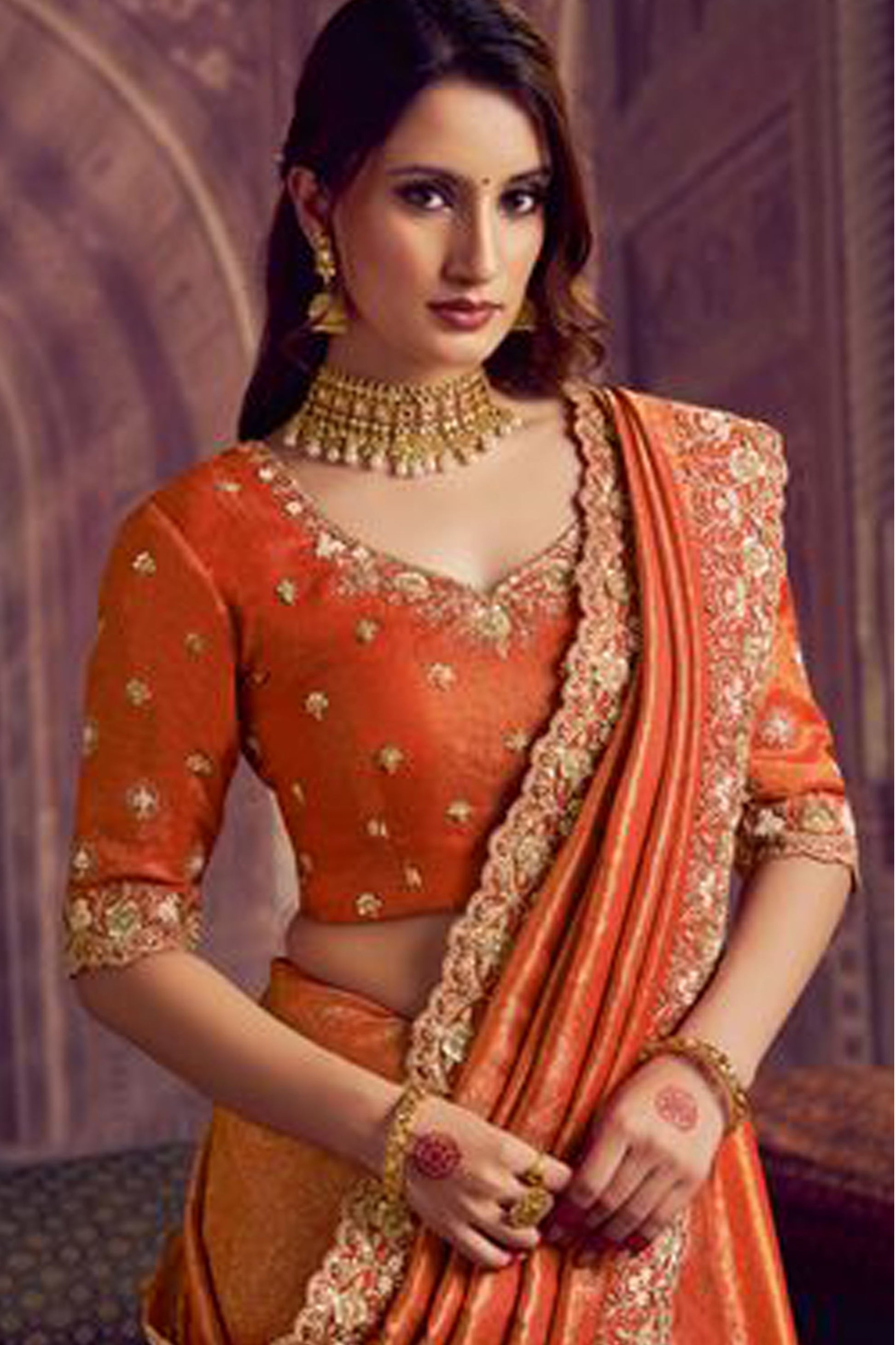 Designer Embroidered Saree WIth Blouse - Traditional Indian Wedding Wear For Receptions And Sangeet