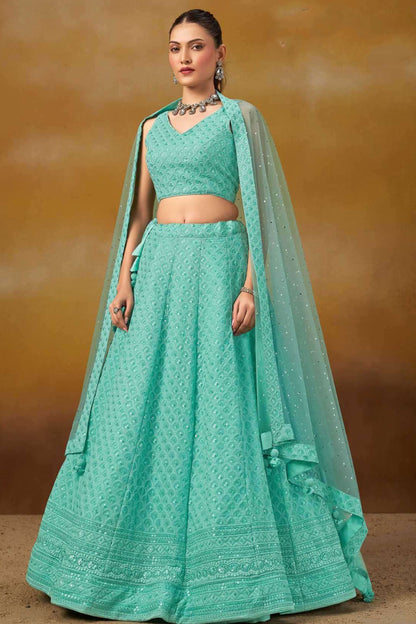 Indian Bridal Lehenga In Turquoise Blue Georgette With Net Dupatta - Full Outfit