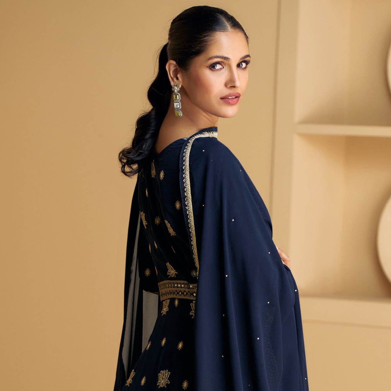 Anarkali Indian Dressesâ€‹ Navy Blue Embroidered Worked Gown For Women's Wear