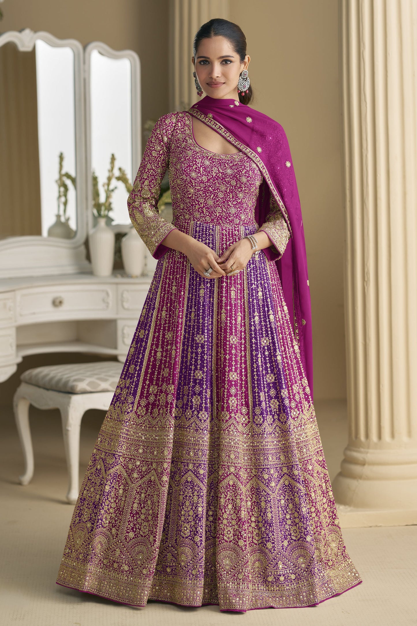 Dark Pink Anarkali Gown With Embroidery For USA Women's