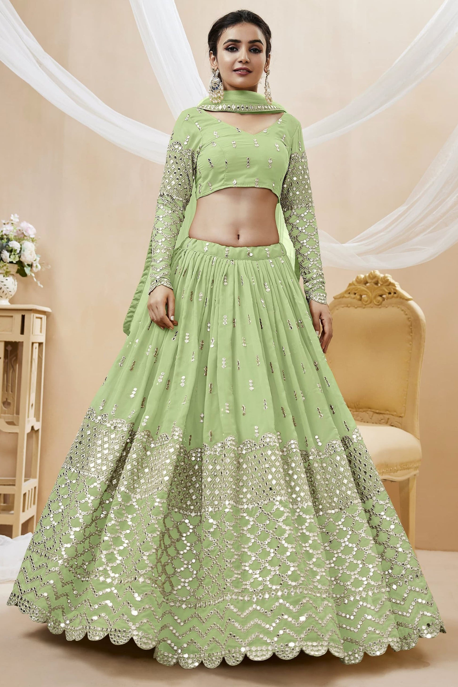 "Stylish lehengas for U.S.-based Indian functions." 