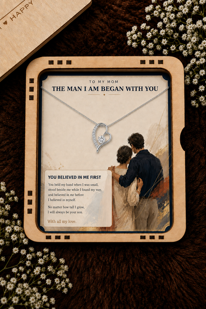 To My Mom – You Believed in Me First Heart Pendant Necklace with Message Card