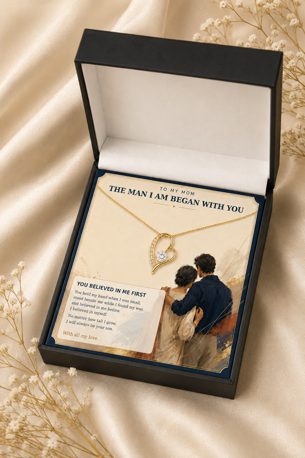 To My Mom – You Believed in Me First Heart Pendant Necklace with Message Card