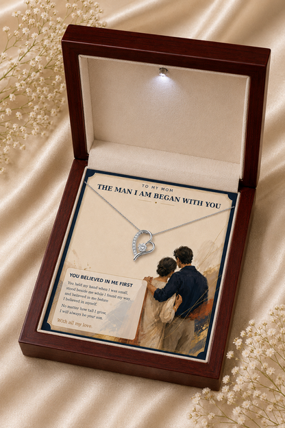 To My Mom – You Believed in Me First Heart Pendant Necklace with Message Card