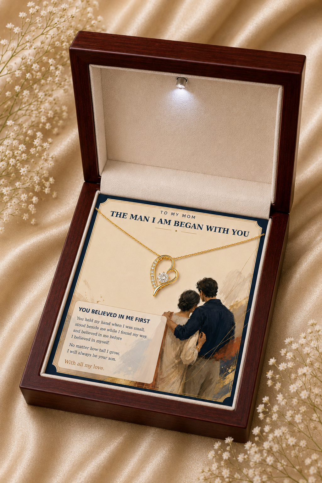 To My Mom – You Believed in Me First Heart Pendant Necklace with Message Card