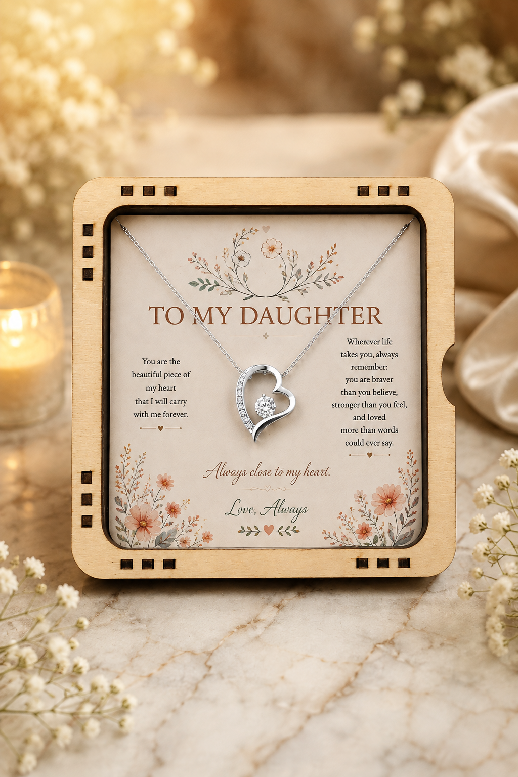 To My Daughter – Always Close to My Heart Heart Pendant Necklace with Message Card