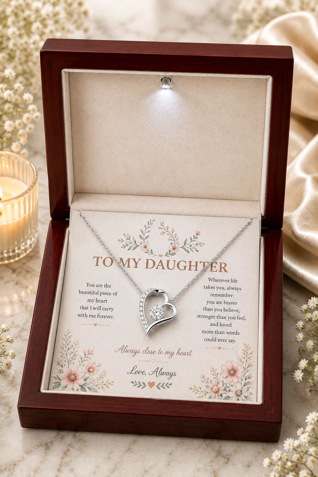 To My Daughter – Always Close to My Heart Heart Pendant Necklace with Message Card