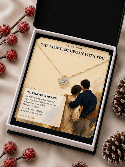 To My Mom – The Man I Am Began With You Love Knot Pendant Necklace
